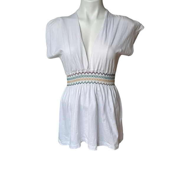Renee C. Organic Cotton V-Neck Smocked Waist Top, Sz S - Picture 1 of 14